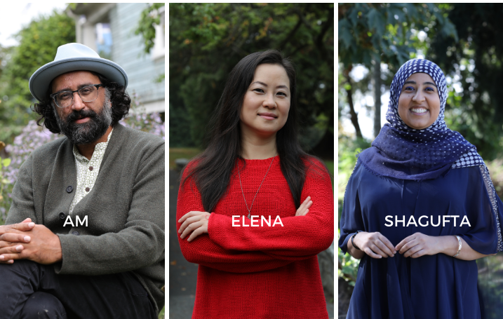 A triptych of a man in a grey sweater, a woman in a red sweater and a woman in a navy dress and hijab with the text "Am Elena Shagufta" divided between the three respectively. 